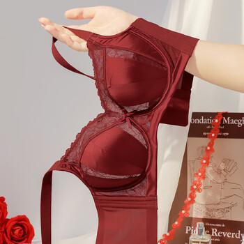 Modal 2025 horse year of the zodiac year underwear women's thin large breasts show small anti-sagging horse wine red bra panties set lychee red big breasts show small - thin to 0.1 75b