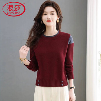 Langsha (langsha) crew neck sweater for women, loose slimming short high-waisted bottoming sweater for autumn and winter with contrasting color fashionable casual top red m 90-105 pounds