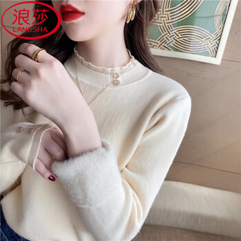 Langsha sweater women's autumn and winter new style 2025 style inner sweater half turtleneck slim lace plus velvet bottoming shirt for women