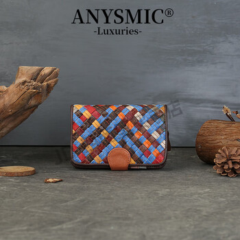 Anysmic luxury brand bag women's genuine leather woven color matching short wallet women's large capacity multi-card slot folding buckle color