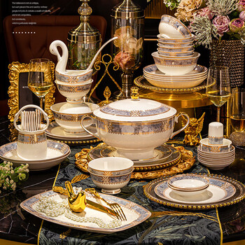 Yixi underglaze colored bowls and plates set for home light luxury high-end bone china jingdezhen housewarming gift bowls, plates and tableware set high temperature bone china | leather suitcase | 60-piece set