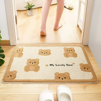Yusenyi bathroom absorbent floor mat cute bedroom door plush anti-slip foot mat bathroom carpet toilet door mat khaki bear pattern rectangular rounded corner 45x70cm hot selling ruler imitation sheep velvet