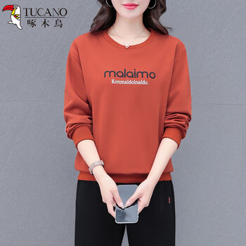 Woodpecker casual bottoming shirt for women spring, autumn and winter new style sweatshirt for inner and outerwear long sleeve middle-aged slim top brick red 2xl