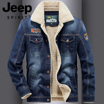 Jeep spirit winter denim jacket men's new workwear large size loose casual tops warm plus velvet thickened trendy jacket dark blue m