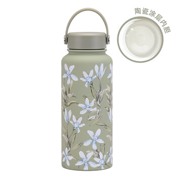 New 1l large capacity insulated cup wide mouth portable vacuum sports bottle ceramic coated liner printed water cup bean green model a 1l