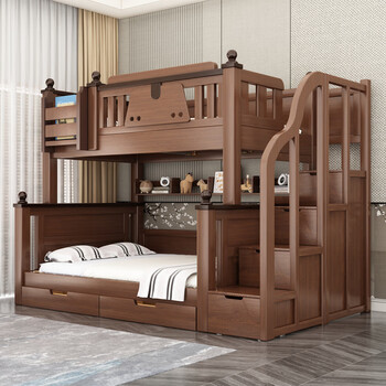 Livable wood art solid wood high and low bed bunk bed double small apartment chinese style storage bed bunk children's bed ladder cabinet + bookshelf + double drawer + 5cm mattress top width 150cm bottom width 180cm