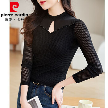 Pierre cardin half turtle collar bottoming shirt 2025 autumn and winter new mesh long sleeve top women's t-shirt fashionable small shirt black xl 112-125 jin