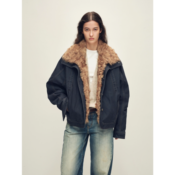 Fu zhien chic parka aurora yingxue detachable sheepskin 90 goose down fur parka jacket denim blue m