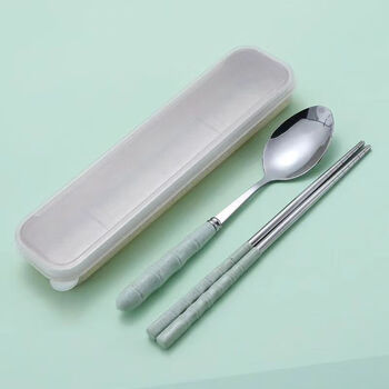 Ye yu wood spoon chopstick set storage student canteen cartoon cute adult travel office workers portable tableware wheat straw丨nordic green