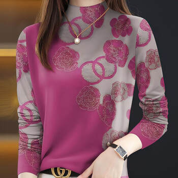 Original women's clothing brand flagship store fashionable half-high collar positioning print plus velvet inner base autumn and winter new style rose red l