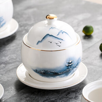 Water-proof small ceramic one-person eating buddha jumping over the wall stew cup hotel bird's nest dessert bowl stew soup cup with lid jinlanting small ancient-shaped cup with plate-280ml