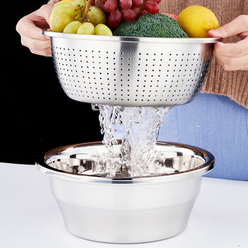 Shunda shunshun 304 stainless steel basin thickened household washing egg and noodle drain basket leaking soup rice basin set 32cm solid basin + 30cm leaking basin