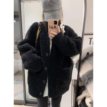 Yunju lamb velvet jacket autumn and winter women's thickened velvet high-end top fashionable fur coat 2026 latest model black bubble velvet v-neck jacket m recommended 85-105 pounds