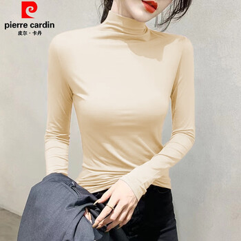 Pierre cardin moir half turtle collar bottoming shirt for women 2025 spring and autumn slim fit solid color long sleeve t-shirt women's top trendy d56-apricot single piece m suitable for 85-100 jin