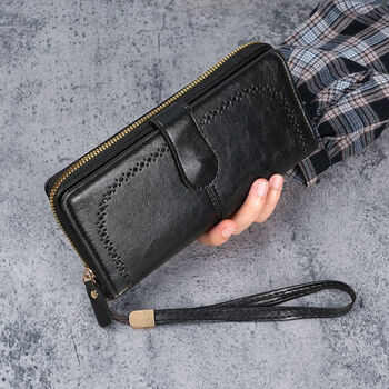 Shantou lincun new wallet women's fashion oil wax leather women's large capacity wallet women's banknote clip hollow multi-layer coin purse black