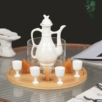 Oimg jingdezhen wine warmer candle holder heating household ceramic wine set yellow and white wine hot pot wine divider wine pot bamboo base wine warmer set + candle iron shell (three money cup)