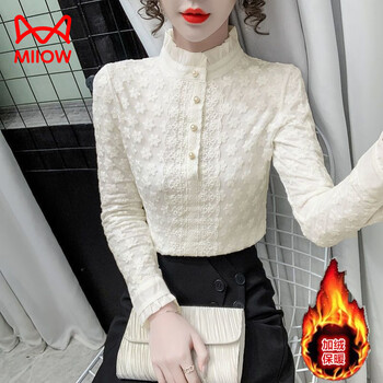 Miiow wool stand-up collar lace shirt for women in autumn and winter soft gauze long-sleeved thickened velvet bottoming shirt warm slim inner top apricot plus velvet s