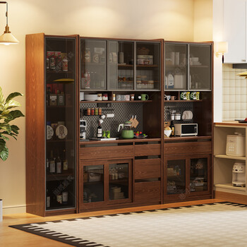 Huixun all solid wood sideboard mid-century style glass door multi-layer storage cabinet multi-functional storage cabinet perforated plate dining side wine cabinet black walnut #all solid wood + embedded socket 40cm*40cm*200cm side cabinet
