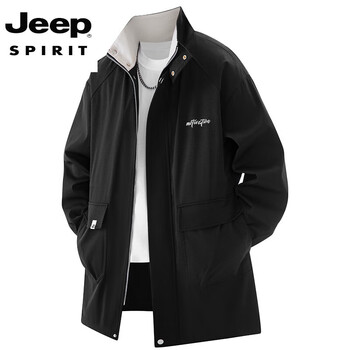 Jeep spirit jeep spring and autumn mid-length jacket men's jacket loose plus size fat stand-up collar windbreaker 18808 black 3xl