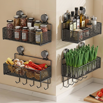 Ersijia suction cup kitchen storage rack wall-mounted punch-free condiment storage spice rack household spice bottle kitchen utensil storage rack strong adsorption - drop compensation guaranteed large single layer with hook