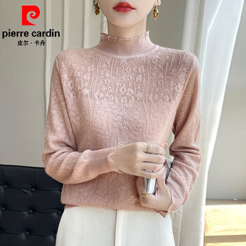 Pierre cardin fashionable inner lace splicing knitted base layer imitation sheep wool versatile slim long-sleeved pullover sweater pink m