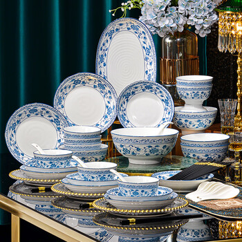 Jie yajie bowls, plates and tableware set 2025 new chinese style blue and white porcelain underglaze color tableware set housewarming gift 57 pieces