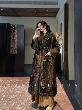 Sanji black flower folded waist new chinese style gold jacquard heavy wool worker coat chinese style woolen coat mid-length red brown m
