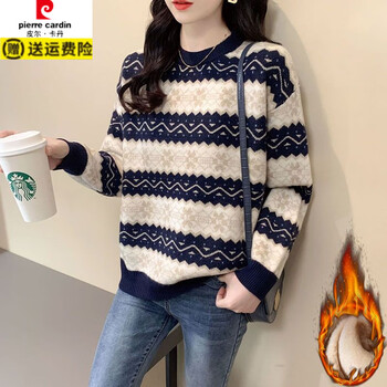 Pierre cardin thickened velvet and color-blocked crew neck sweater for women 2025 autumn and winter new style loose and fashionable knitted outer bottoming shirt for women, navy blue, thickened velvet, l 110-120 catties