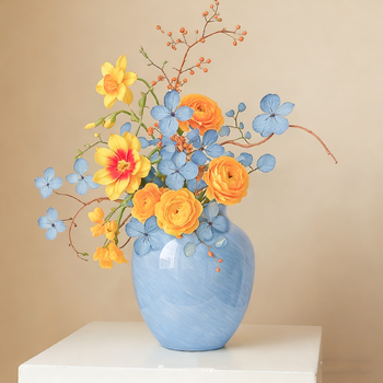 Xingxing vase ornaments 2025 light luxury and high-end sense ins style living room flower arrangement modern creative floral art glazed home decoration blue width and height 20*23cm