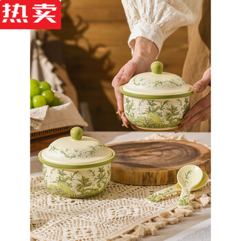 Mzxm japan imported quality green lily of the valley flower blooming stew pot with water-proof stew household ceramic with lid for one person soup small stew pot green lily of the valley stew pot