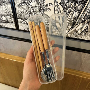 Ye yu ins tableware, wooden chopsticks and spoon three-piece set for students, adults, office workers, outdoor portable tableware storage box, round wooden column, single spoon