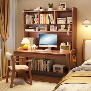 Yusenyi lifting desk writing desk bookcase integrated solid wood computer desk combination study table junior high school student home bookshelf walnut color table-armchair 84x60x181cm