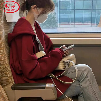 Langsha ankora red sweatshirt jacket women's velvet winter new year's shirt hooded thickened qiji red cardigan top