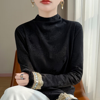 Angel mood new chinese style half turtle collar plus velvet warm bottoming shirt for women autumn and winter national style embroidered thickened vest with women's top black xl 90-105 jin