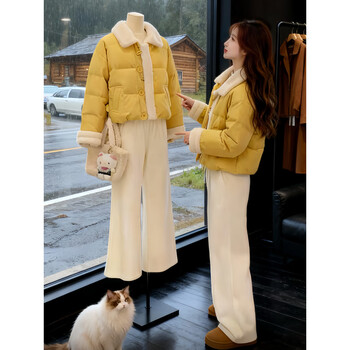 Lu wang lianxue fur collar spliced down jacket for women winter 2025 new korean version loose small thickened warm white duck down jacket yellow m 105-125 catties