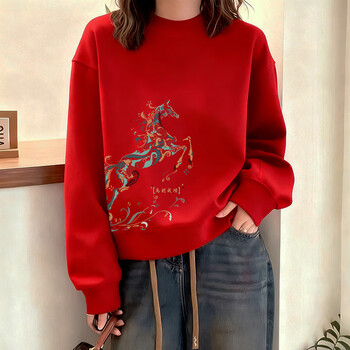 One inch acacia 2026 autumn new popular year of the horse clothes plus velvet thickened red round neck sweater women's zodiac year red top red - immediate success spring and autumn style m 110-130 jin