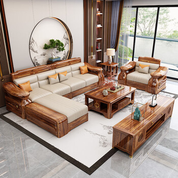 Yunmei jiayuan black gold solid wood sofa living room 2025 new chinese-style apartment size winter and summer dual-use chaise corner storage four-seater + chaise + middle cabinet + single seat + long coffee table + square table + tv cabinet