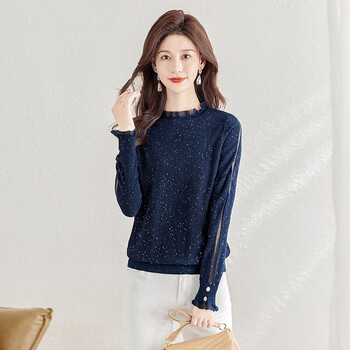 Cypress ear-hemmed bottoming shirt 2025 autumn new women's mesh splicing long-sleeved short top