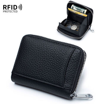 He dejiu 2022 short coin purse genuine leather bag rfid anti-theft brush ladies card holder coin bag simple vertical zipper wallet black