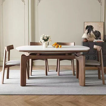 Ruimo wabiji wind retractable slate dining table and chair combination, medieval elephant leg solid wood dining table, rectangular square table turned into round table, 1.3m dining table + 6 horn chairs