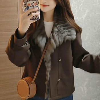 Fabric story luofen women's winter new style fashionable and high-level furry collar versatile leather jacket high-end dark brown s