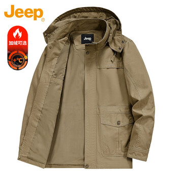 Jeep american genuine pure cotton sherpa work jacket men's autumn and winter casual loose warm hooded coat spring and autumn 968 khaki regular official authentic xl suitable for about 145 pounds