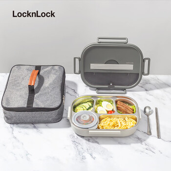 Lock & lock lunch box stainless steel 316 food grade separated dinner plate for boys and girls, large capacity lunch box for office workers, student lunch box, gray tableware + soup bowl + meal bag 2000ml