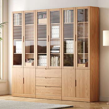 Gulijin includes installation, all solid wood oak bookcase, one-piece wall-mounted floor-to-ceiling glass door office file cabinet bookshelf, upgraded oak, 0.8 meters, two doors, with drawers
