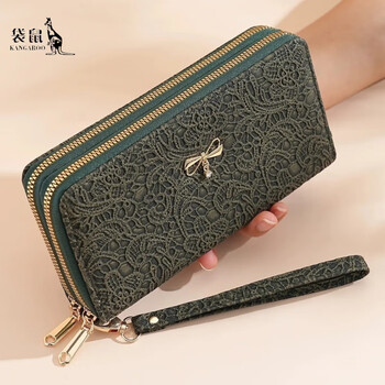 Kangaroo wallet women's long 2025 new large capacity fashionable high-end wallet bag rectangular leather clip clutch bag for women kelp green