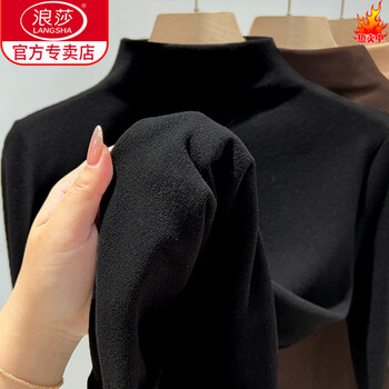 Langsha thickened velvet half turtleneck bottoming shirt for women in autumn and winter, warm long-sleeved top, large size, fat and slimming, black, german velvet style 280g m, suitable for 80-100 pounds