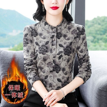Oluodai bottoming shirt for women in autumn and winter new style plus velvet thickened stand-up collar printing fashionable versatile slim outer wear warm top for women black peony 3xl recommended 110-125 pounds