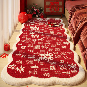 Ershanji wedding bedside carpet bedroom floor mat wedding room red foot mat with happy words plush thickened non-slip festive foot mat wavy edge hundred-sided figure 50*120cm floor mat (imitation cashmere)