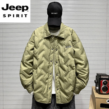 Jeep spirit american shirt collar down jacket men's retro large size fat man loose white duck down jacket military green l (125-145 pounds)