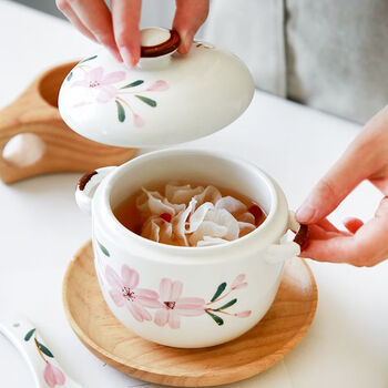 Pupan ceramic stew pot, household kitchen stew pot with lid, high temperature resistance, deep bird's nest, water-proof stew pot, underglaze colored red plum, one serving 450ml